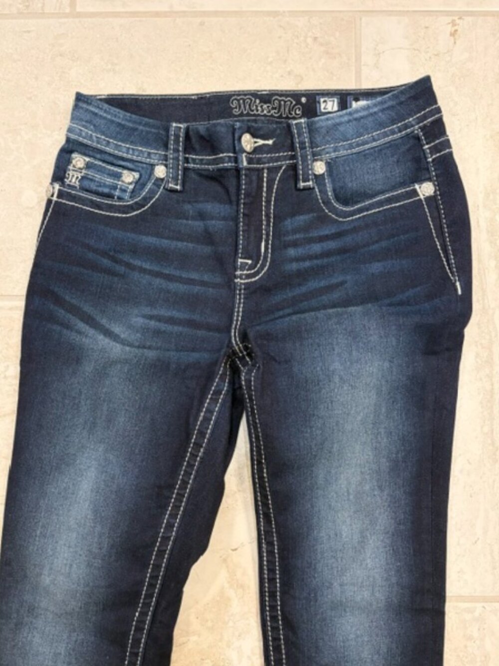 Miss Me Easy Skinny Jeans Size 27 Dark Wash Embellished Big Stitch Y2K Western - Picture 3 of 12